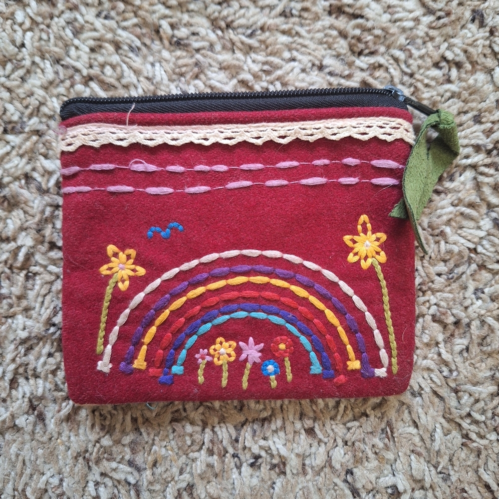 Boho Embroidered Rainbow Felt Coin Purse Mini Pouch